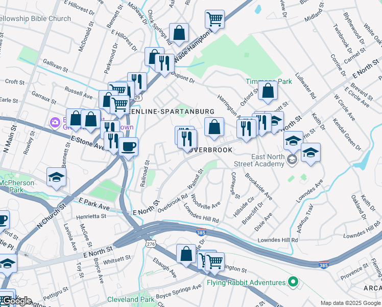 map of restaurants, bars, coffee shops, grocery stores, and more near 1438 East North Street in Greenville