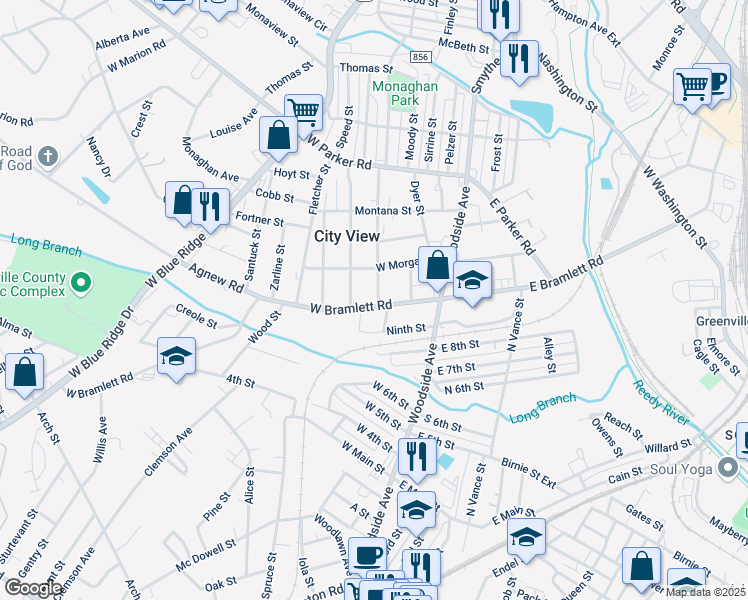 map of restaurants, bars, coffee shops, grocery stores, and more near 1005 West Bramlett Road in Greenville