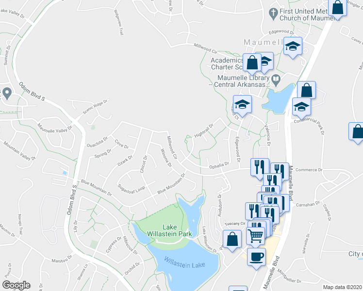 map of restaurants, bars, coffee shops, grocery stores, and more near 60 Ophelia Drive in Maumelle