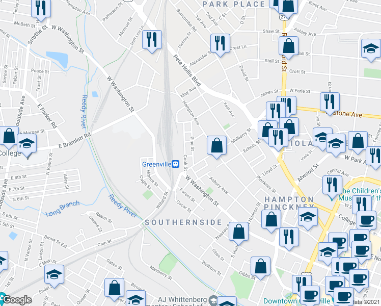 map of restaurants, bars, coffee shops, grocery stores, and more near 9 Pine Street in Greenville
