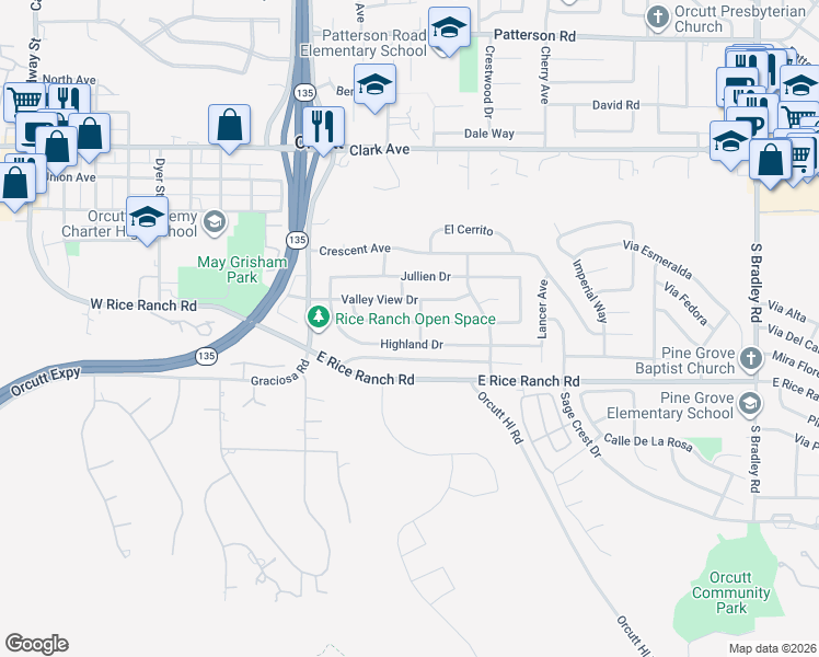 map of restaurants, bars, coffee shops, grocery stores, and more near 374 Mountain View Drive in Santa Maria