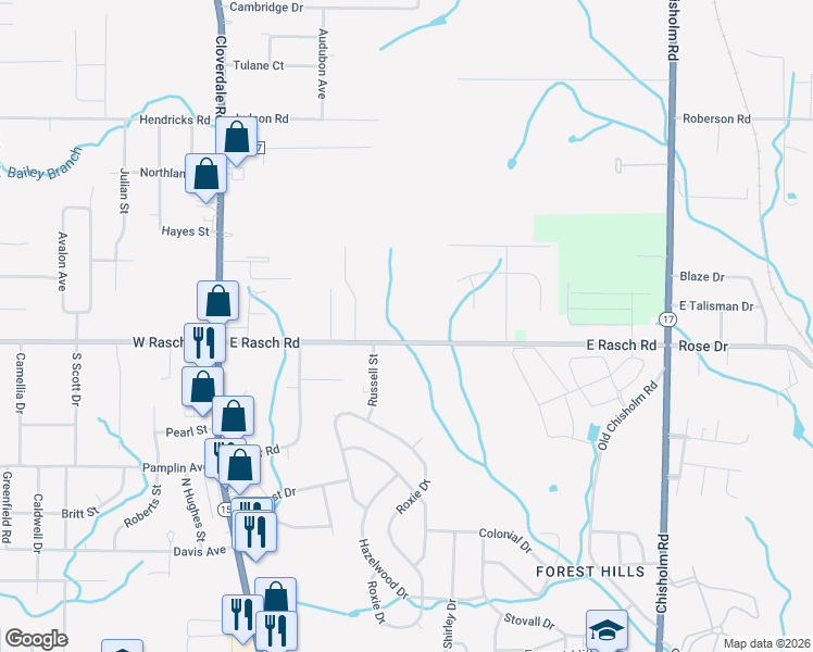 map of restaurants, bars, coffee shops, grocery stores, and more near 329 East Rasch Road in Florence