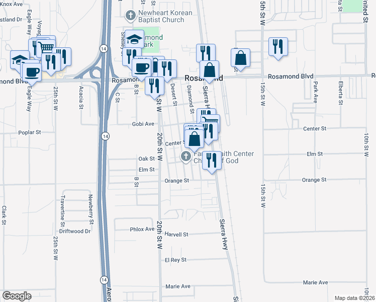 map of restaurants, bars, coffee shops, grocery stores, and more near 2644 Desert Street in Rosamond