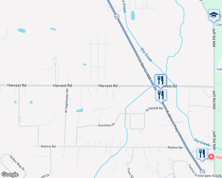 map of restaurants, bars, coffee shops, grocery stores, and more near 488 Harvest Road in Harvest