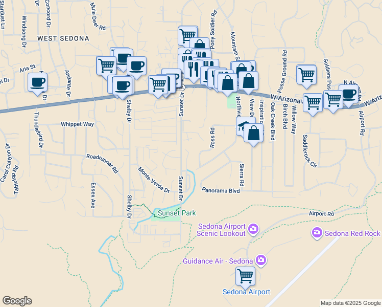 map of restaurants, bars, coffee shops, grocery stores, and more near 101 Morning Sun Drive in Sedona