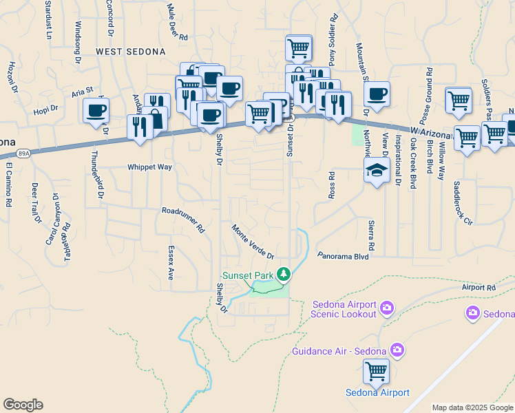 map of restaurants, bars, coffee shops, grocery stores, and more near 32 Goddard Street in Sedona