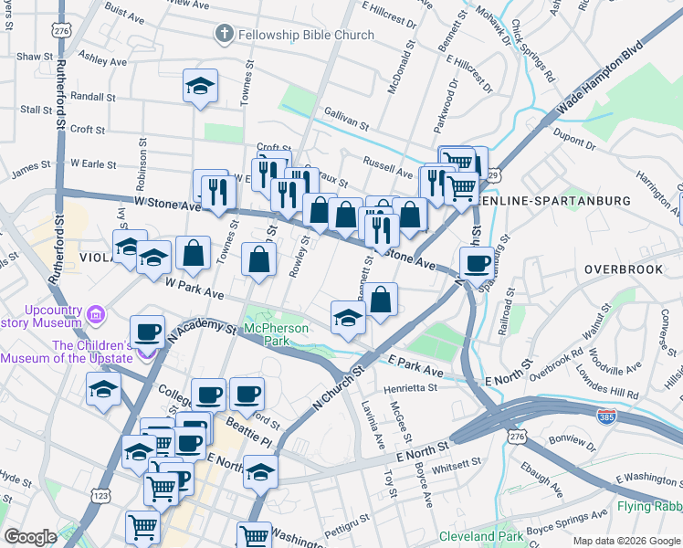 map of restaurants, bars, coffee shops, grocery stores, and more near 119 Vannoy Street in Greenville