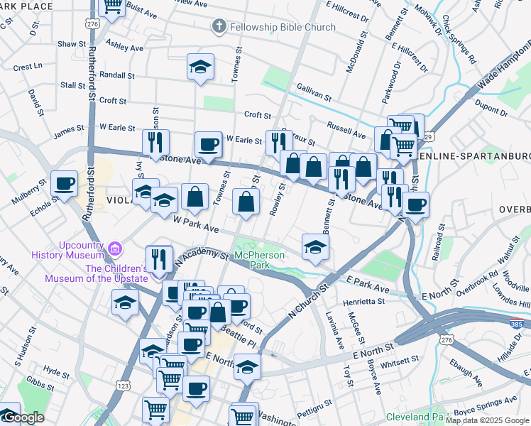map of restaurants, bars, coffee shops, grocery stores, and more near 31 Rowley Street in Greenville
