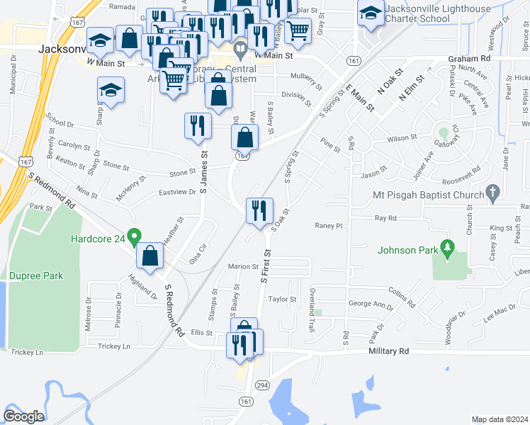 map of restaurants, bars, coffee shops, grocery stores, and more near 841 Sandalwood Dr in Jacksonville