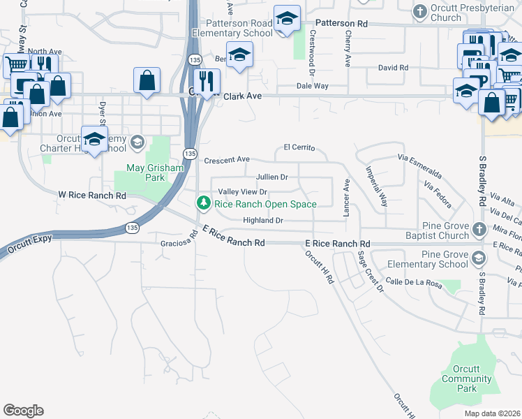 map of restaurants, bars, coffee shops, grocery stores, and more near 374 Mountain View Drive in Santa Maria