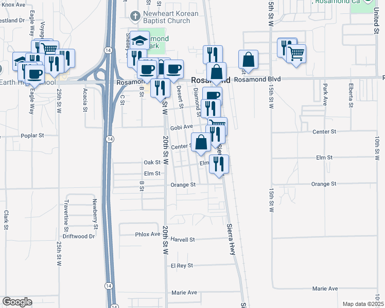 map of restaurants, bars, coffee shops, grocery stores, and more near 2644 Desert Street in Rosamond