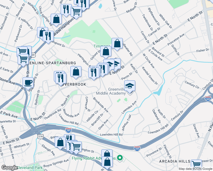 map of restaurants, bars, coffee shops, grocery stores, and more near 1702 East North Street in Greenville