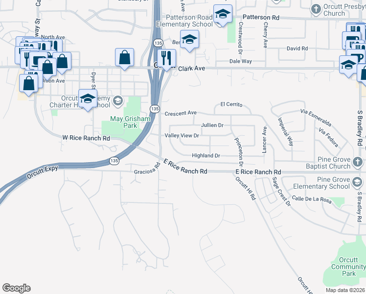 map of restaurants, bars, coffee shops, grocery stores, and more near 214 Mountain View Drive in Santa Maria