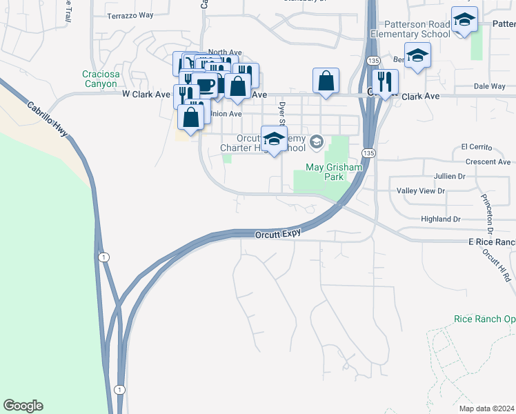 map of restaurants, bars, coffee shops, grocery stores, and more near 650 West Rice Ranch Road in Santa Maria
