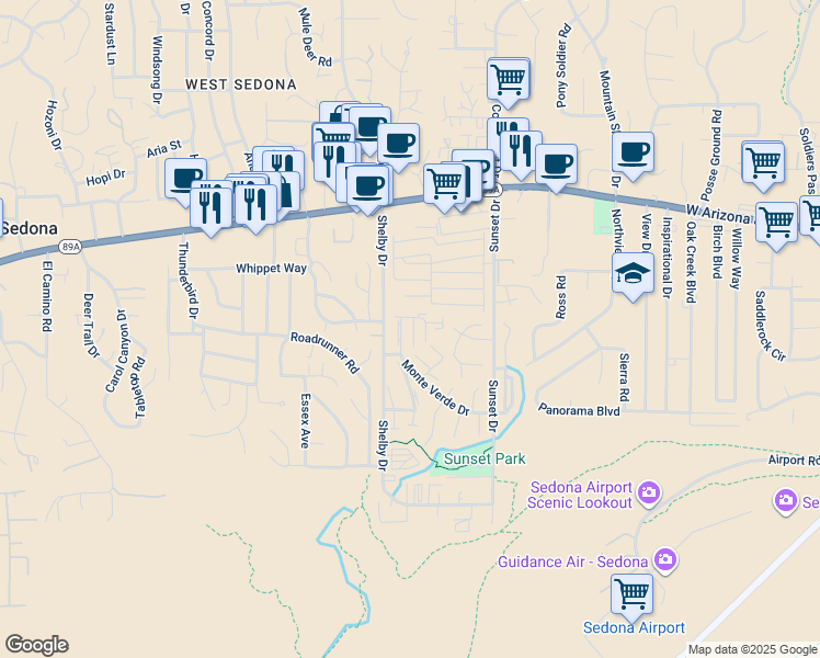 map of restaurants, bars, coffee shops, grocery stores, and more near 825 Dusty Rose Drive in Sedona