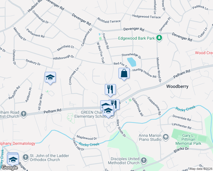 map of restaurants, bars, coffee shops, grocery stores, and more near 412 Foxcroft Road in Greenville