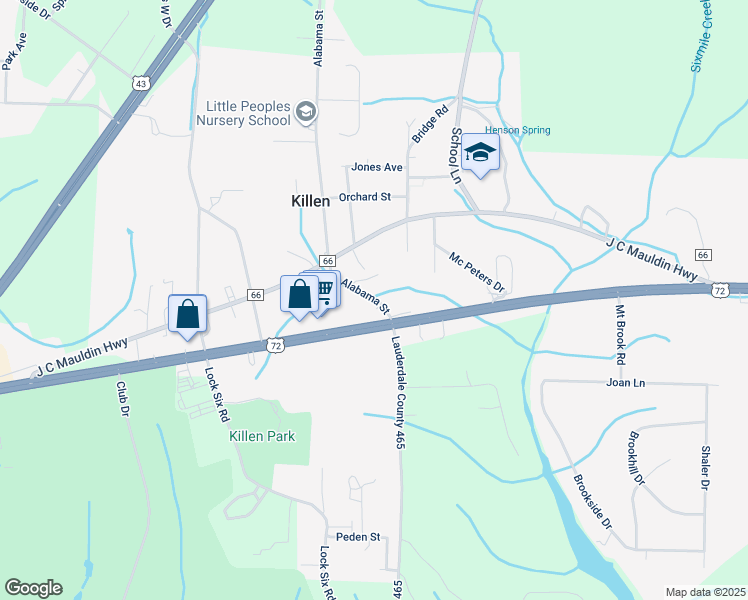 map of restaurants, bars, coffee shops, grocery stores, and more near 130 Alabama Street in Killen