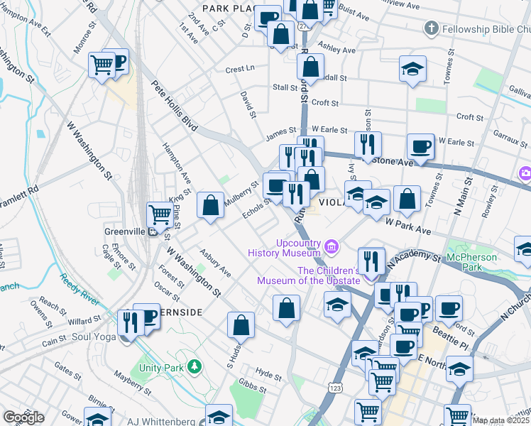 map of restaurants, bars, coffee shops, grocery stores, and more near 3 Jay Street in Greenville
