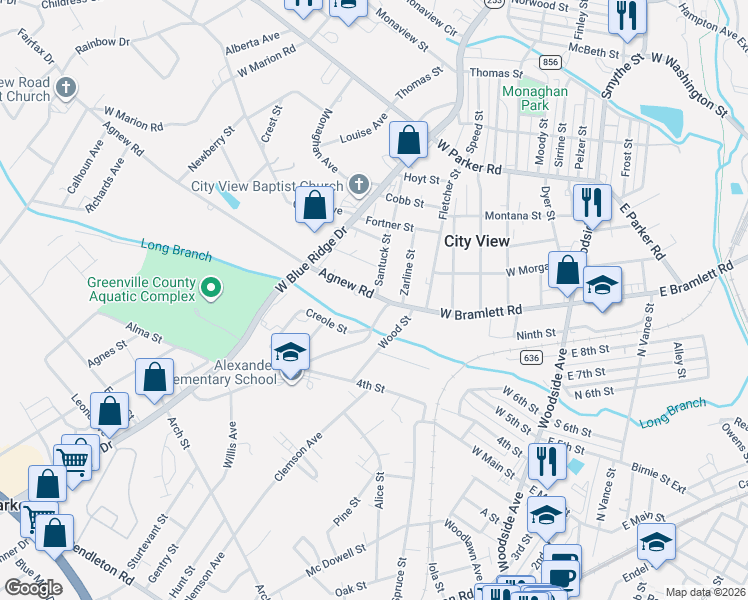 map of restaurants, bars, coffee shops, grocery stores, and more near 3 Agnew Road in Greenville