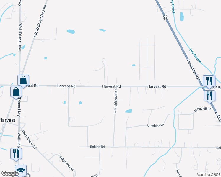 map of restaurants, bars, coffee shops, grocery stores, and more near 673 Harvest Road in Harvest