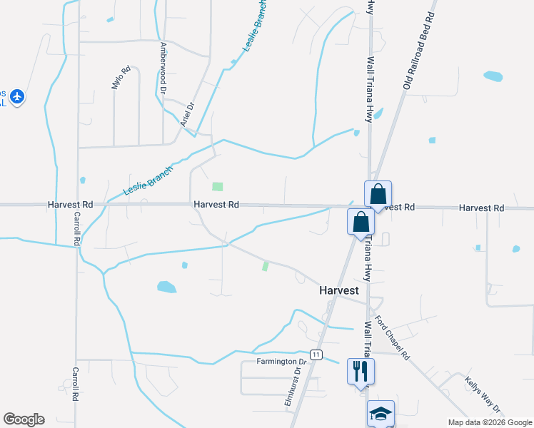 map of restaurants, bars, coffee shops, grocery stores, and more near 1194 Harvest Road in Harvest