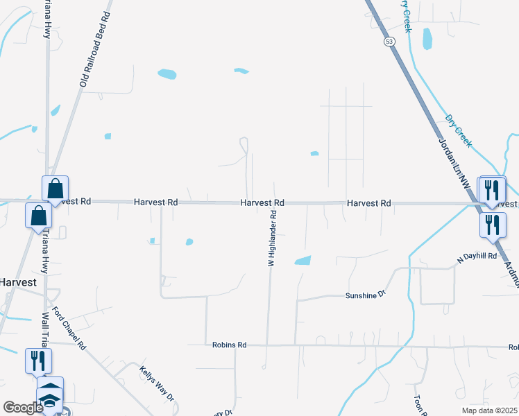 map of restaurants, bars, coffee shops, grocery stores, and more near 673 Harvest Road in Harvest
