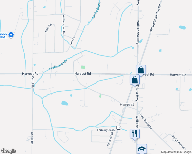 map of restaurants, bars, coffee shops, grocery stores, and more near 1194 Harvest Road in Harvest