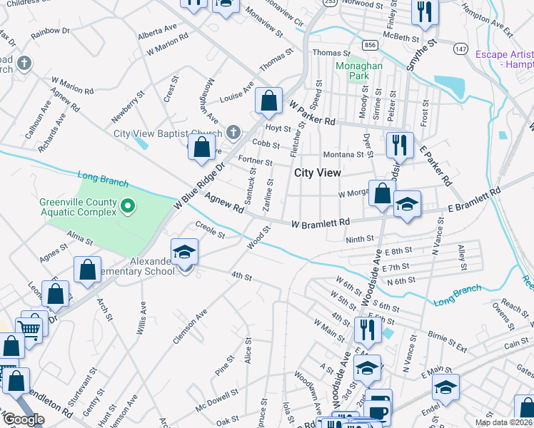 map of restaurants, bars, coffee shops, grocery stores, and more near 13 Fletcher Street in Greenville