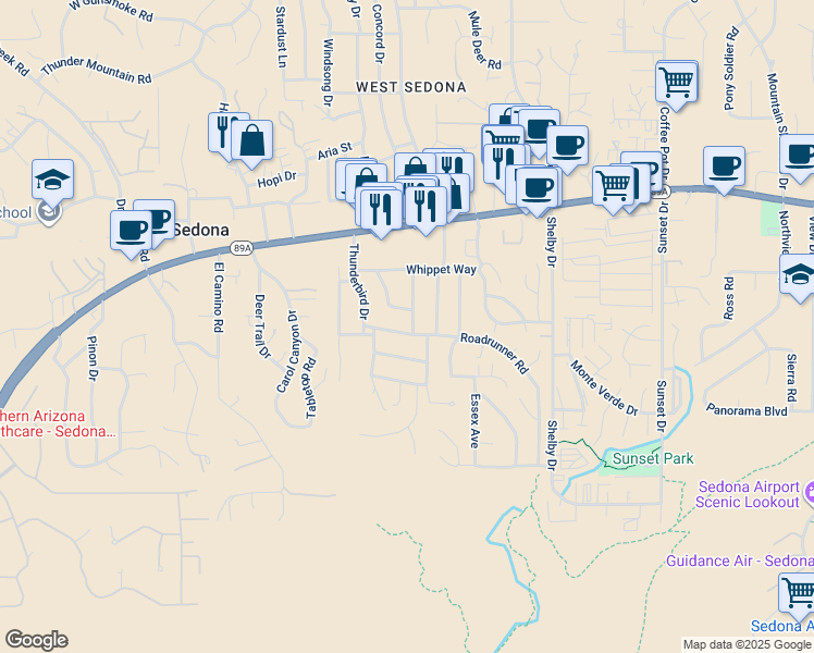 map of restaurants, bars, coffee shops, grocery stores, and more near 115 Meadowlark Lane in Sedona