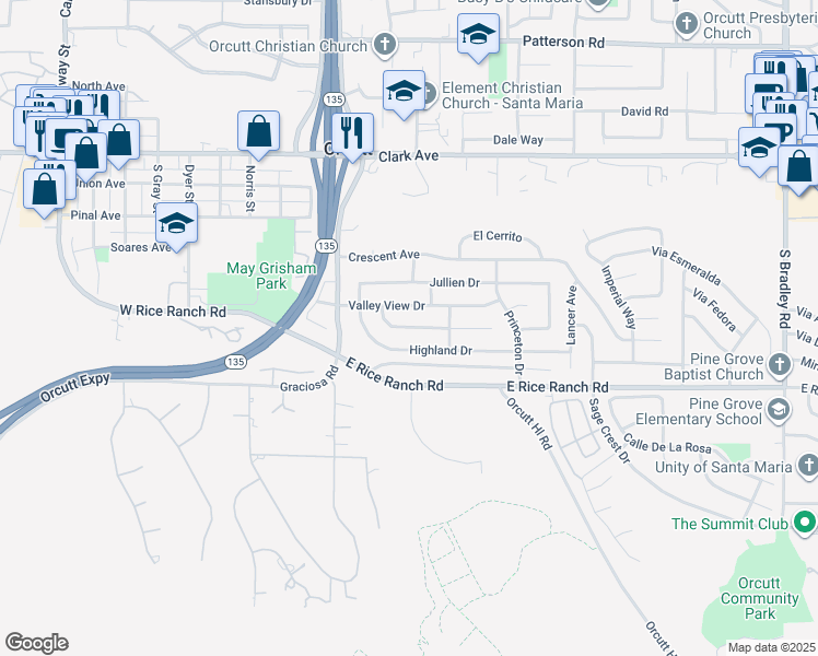 map of restaurants, bars, coffee shops, grocery stores, and more near 291 Mountain View Drive in Santa Maria