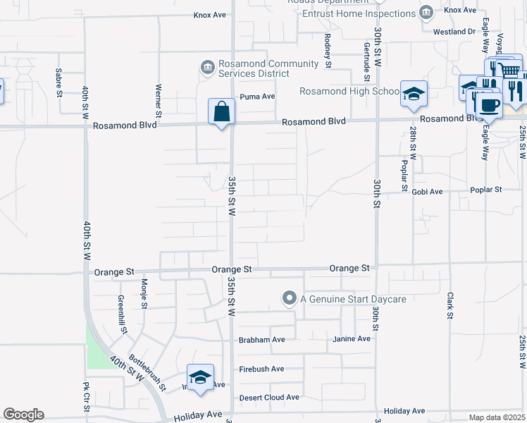 map of restaurants, bars, coffee shops, grocery stores, and more near 3444 Christy Avenue in Rosamond