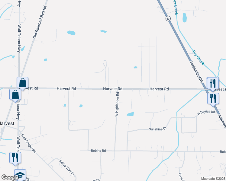 map of restaurants, bars, coffee shops, grocery stores, and more near 673 Harvest Road in Harvest