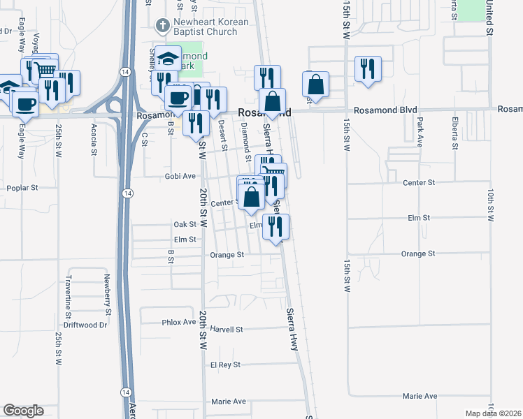 map of restaurants, bars, coffee shops, grocery stores, and more near 2650 Diamond Street in Rosamond