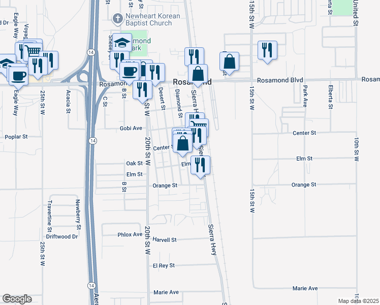 map of restaurants, bars, coffee shops, grocery stores, and more near 2650 Diamond Street in Rosamond