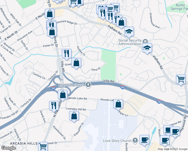map of restaurants, bars, coffee shops, grocery stores, and more near 12 Dera Street in Greenville