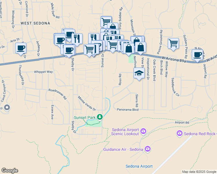 map of restaurants, bars, coffee shops, grocery stores, and more near 101 Morning Sun Drive in Sedona