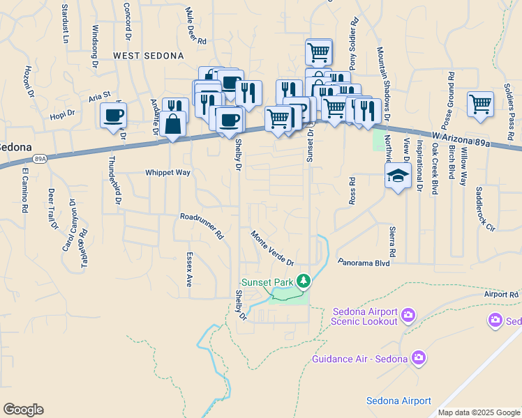 map of restaurants, bars, coffee shops, grocery stores, and more near 32 Goddard Street in Sedona
