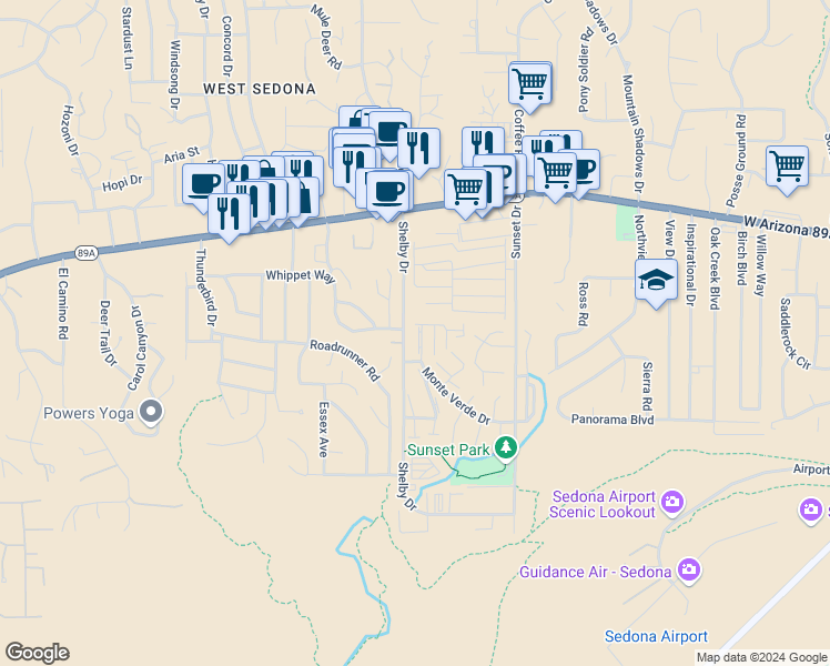 map of restaurants, bars, coffee shops, grocery stores, and more near 825 Dusty Rose Drive in Sedona