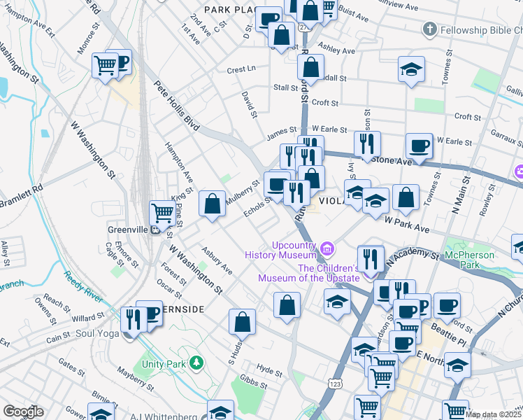 map of restaurants, bars, coffee shops, grocery stores, and more near 3 Jay Street in Greenville