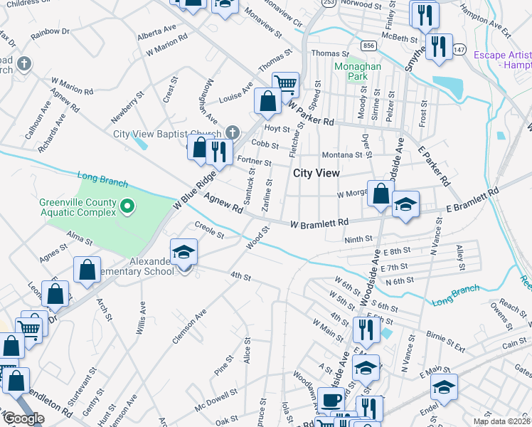 map of restaurants, bars, coffee shops, grocery stores, and more near 13 Fletcher Street in Greenville