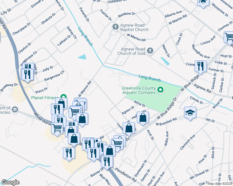 map of restaurants, bars, coffee shops, grocery stores, and more near 22-114 Alma Street in Greenville