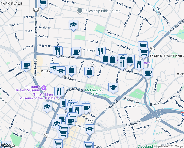 map of restaurants, bars, coffee shops, grocery stores, and more near 623 North Main Street in Greenville