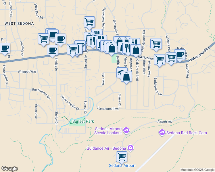 map of restaurants, bars, coffee shops, grocery stores, and more near 295 Northview Road in Sedona