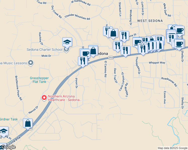 map of restaurants, bars, coffee shops, grocery stores, and more near 100 Arroyo Pinon Drive in Sedona