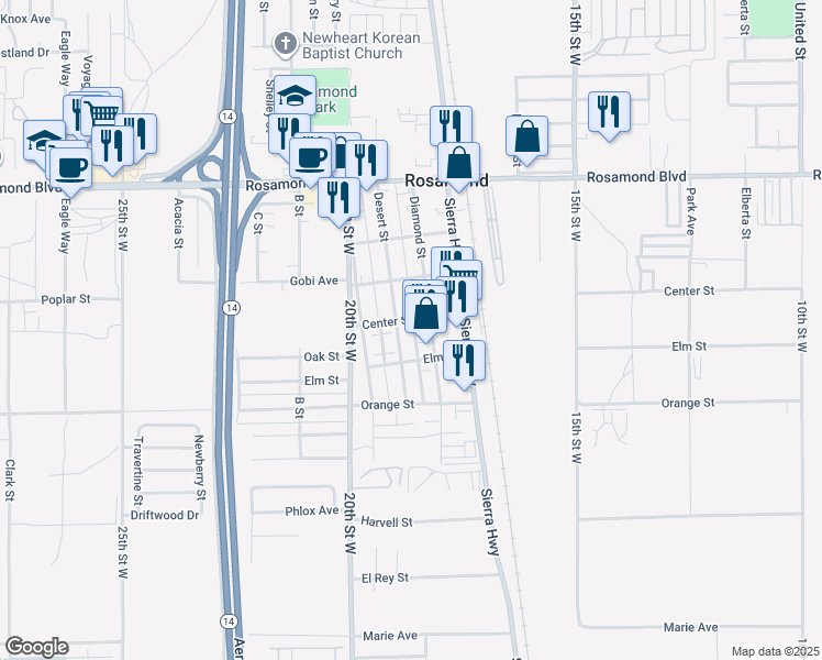 map of restaurants, bars, coffee shops, grocery stores, and more near 2717 Diamond Street in Rosamond