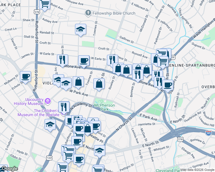 map of restaurants, bars, coffee shops, grocery stores, and more near 31 Rowley Street in Greenville