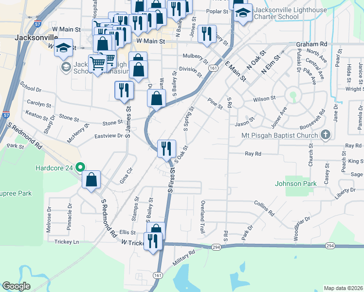 map of restaurants, bars, coffee shops, grocery stores, and more near 626 South Oak Street in Jacksonville