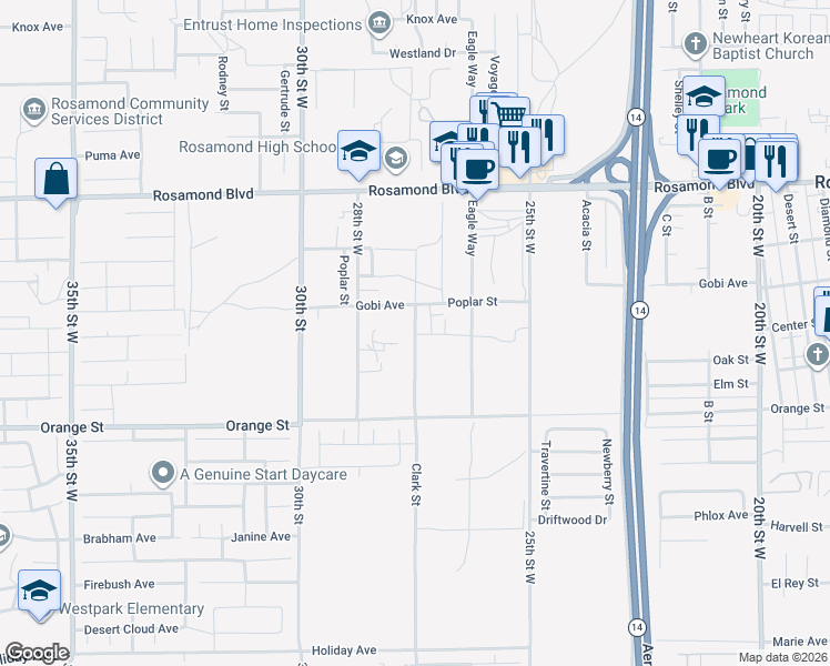 map of restaurants, bars, coffee shops, grocery stores, and more near Clark Street in Rosamond