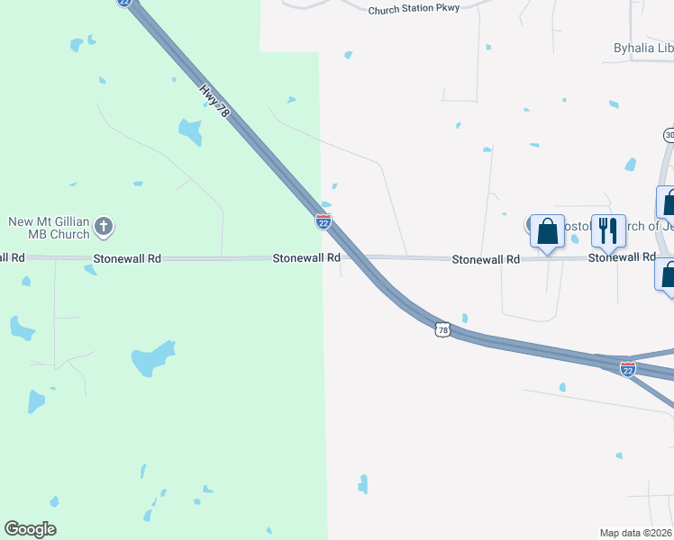 map of restaurants, bars, coffee shops, grocery stores, and more near 465 Stonewall Road in Byhalia