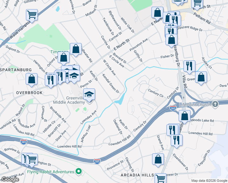 map of restaurants, bars, coffee shops, grocery stores, and more near 32 Kendal Green Drive in Greenville